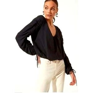 ASTR the label - Ruched V Neck Long Tie Sleeve  Black Blouse Size XS